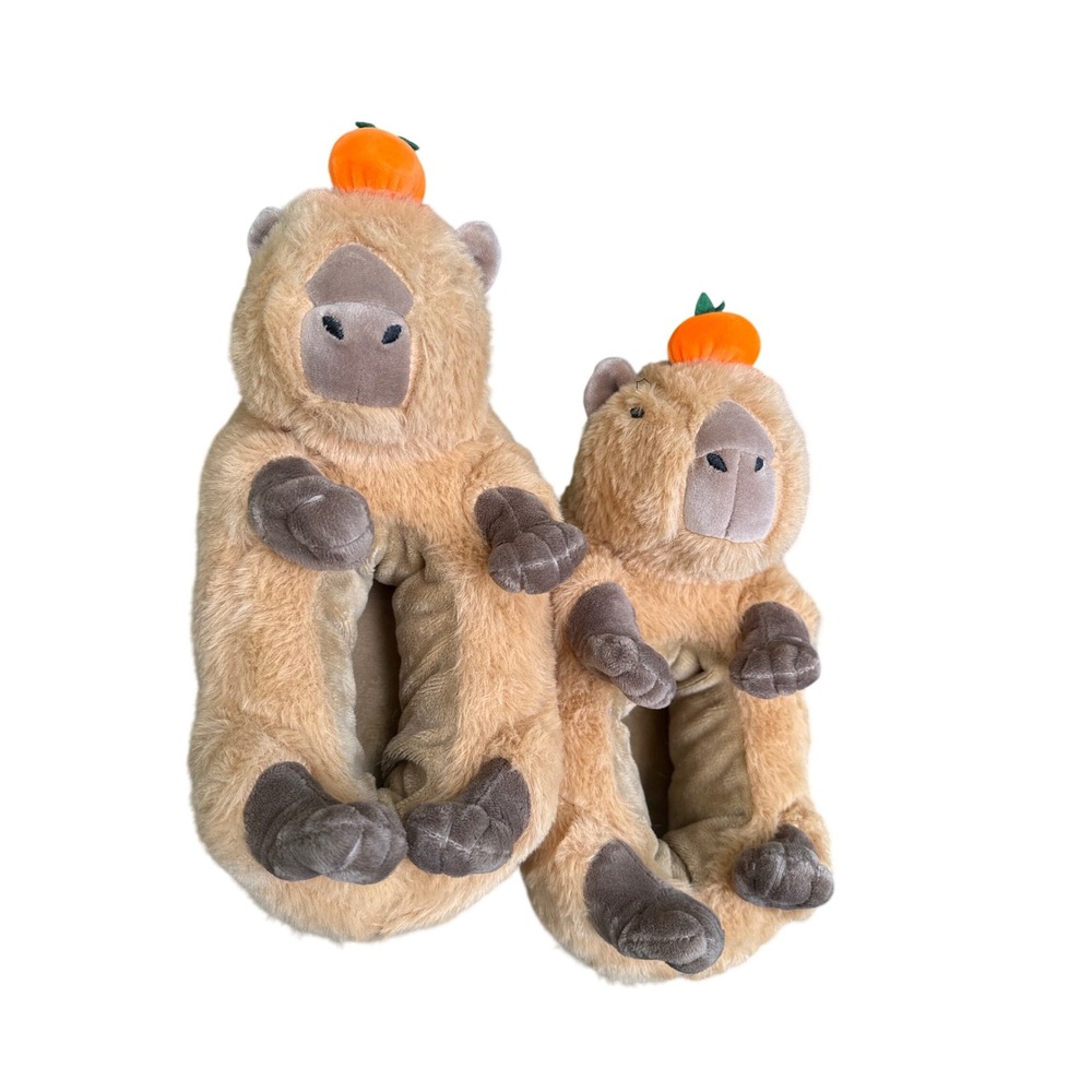 Oooh Geez Capybara Plush Slippers Tan Brown Orange Fruit Novelty House Shoes